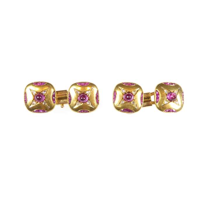 Pair of antique gold, cabochon ruby and diamond cushion panel cufflinks